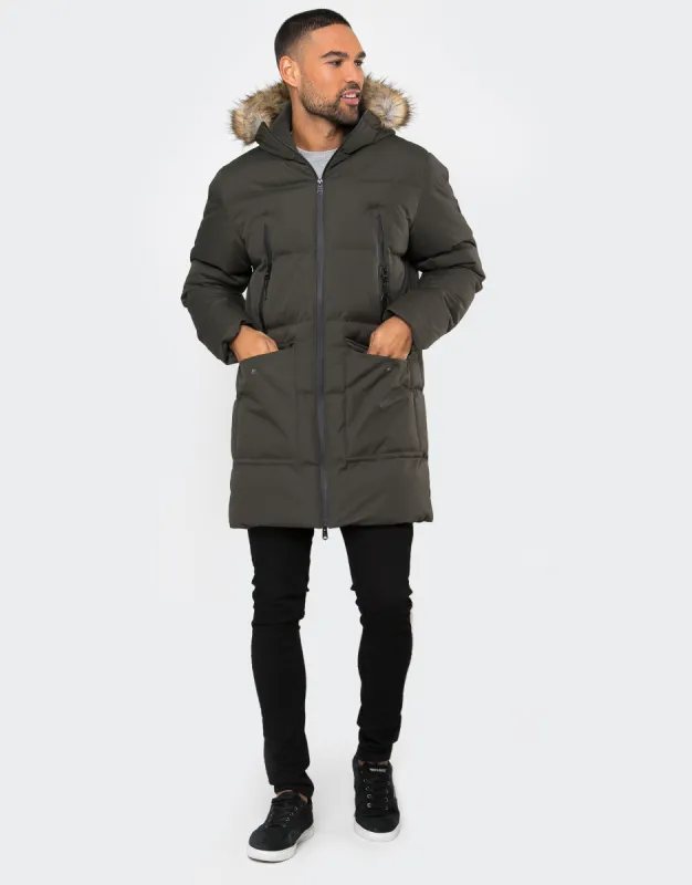 Men's Khaki Longline Padded Parka Coat sold by Threadbare