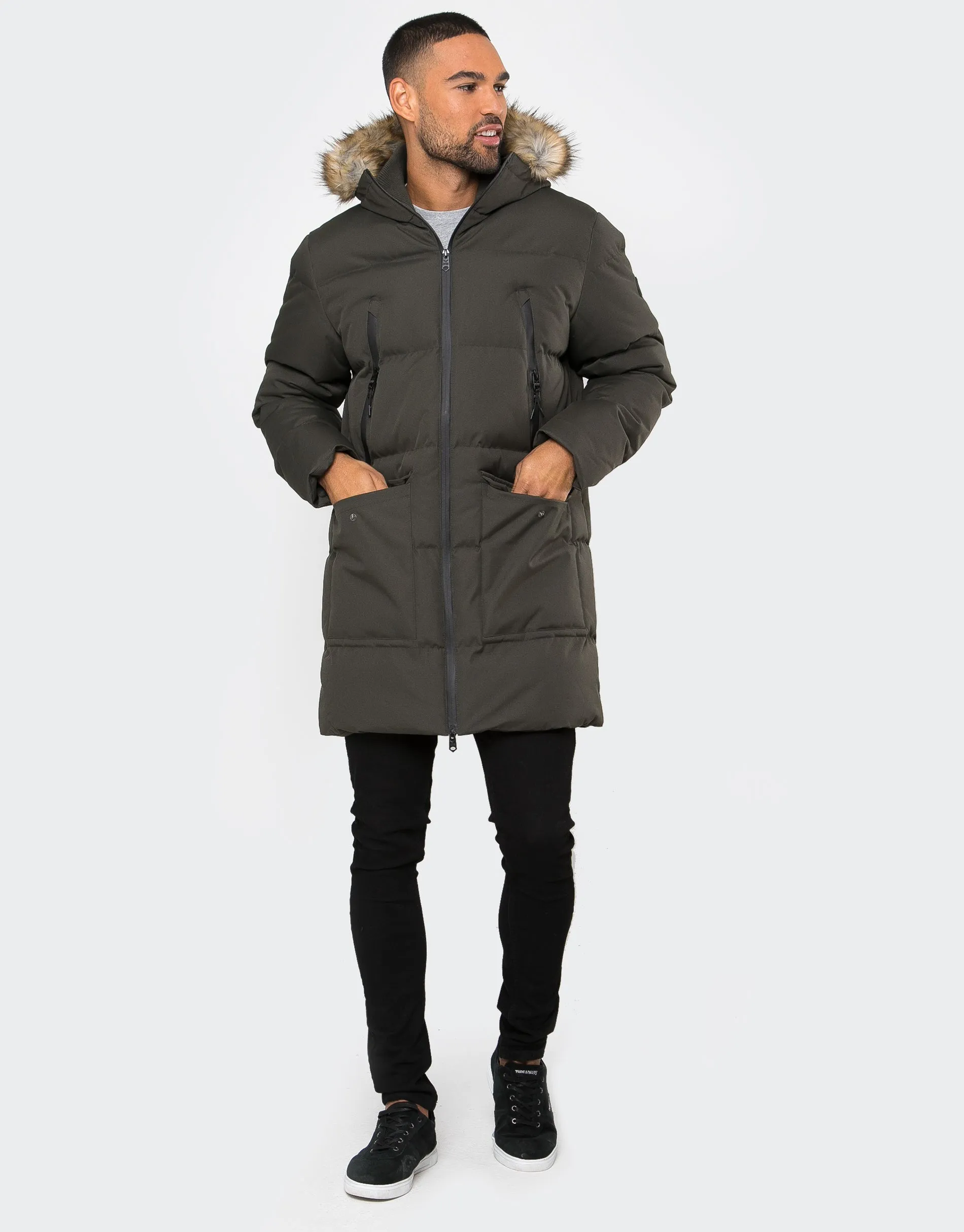Men's Khaki Longline Padded Parka Coat sold by Threadbare
