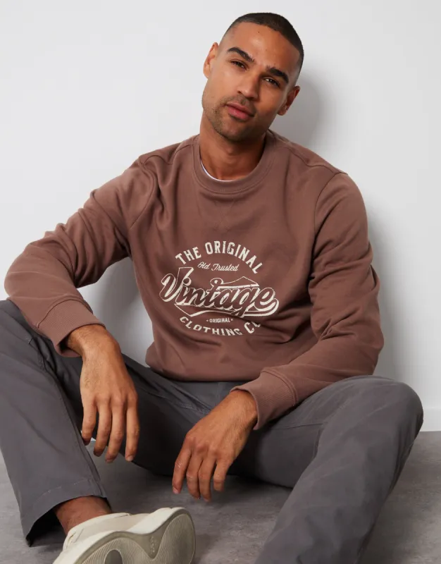 Men's Taupe Graphic Crew Neck Sweatshirt sold by Threadbare