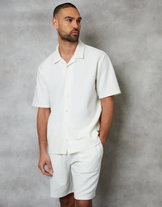Men's Ecru Textured Revere Collar Short Sleeve Shirt sold by Threadbare