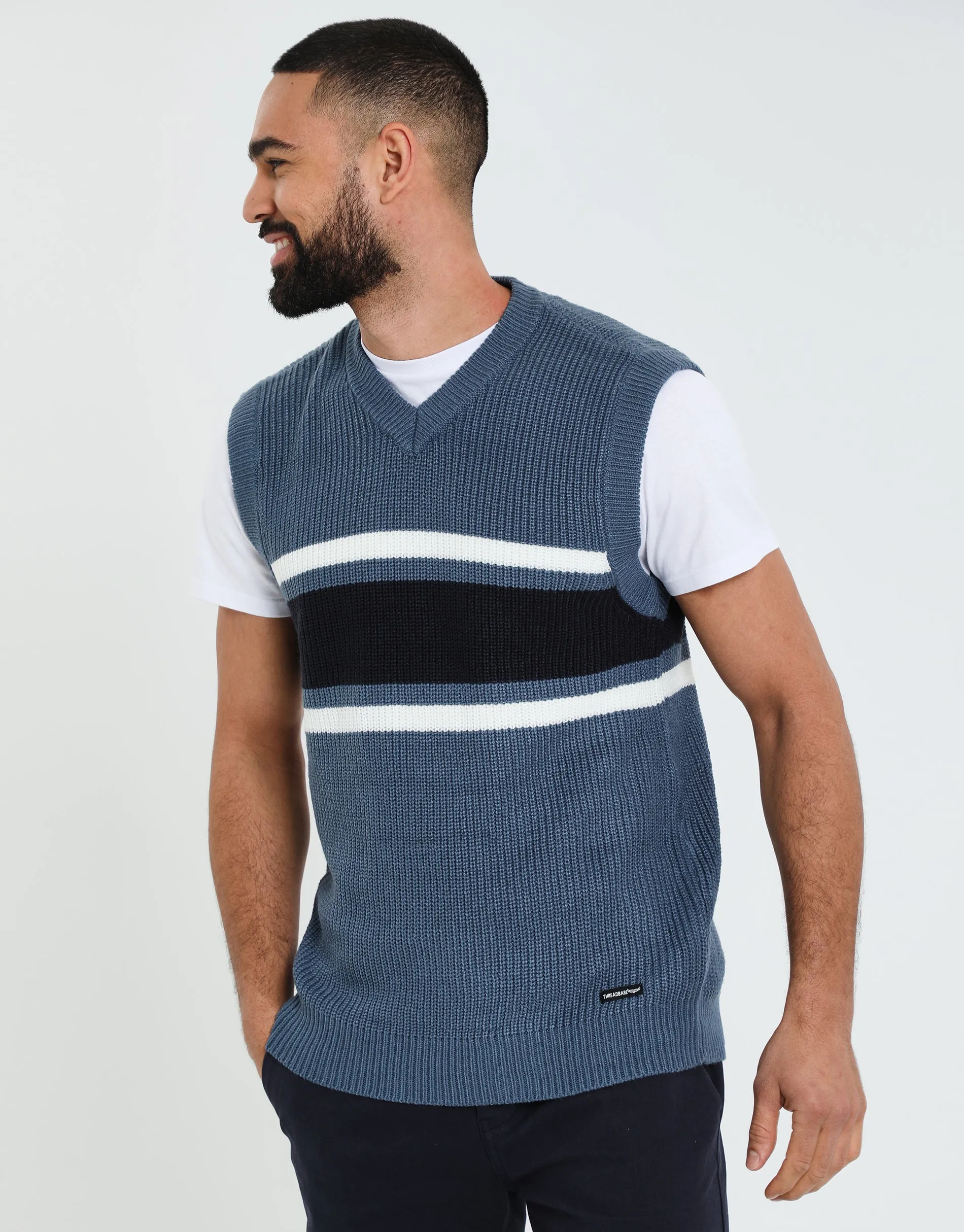 Men's Denim Blue Knitted Vest sold by Threadbare