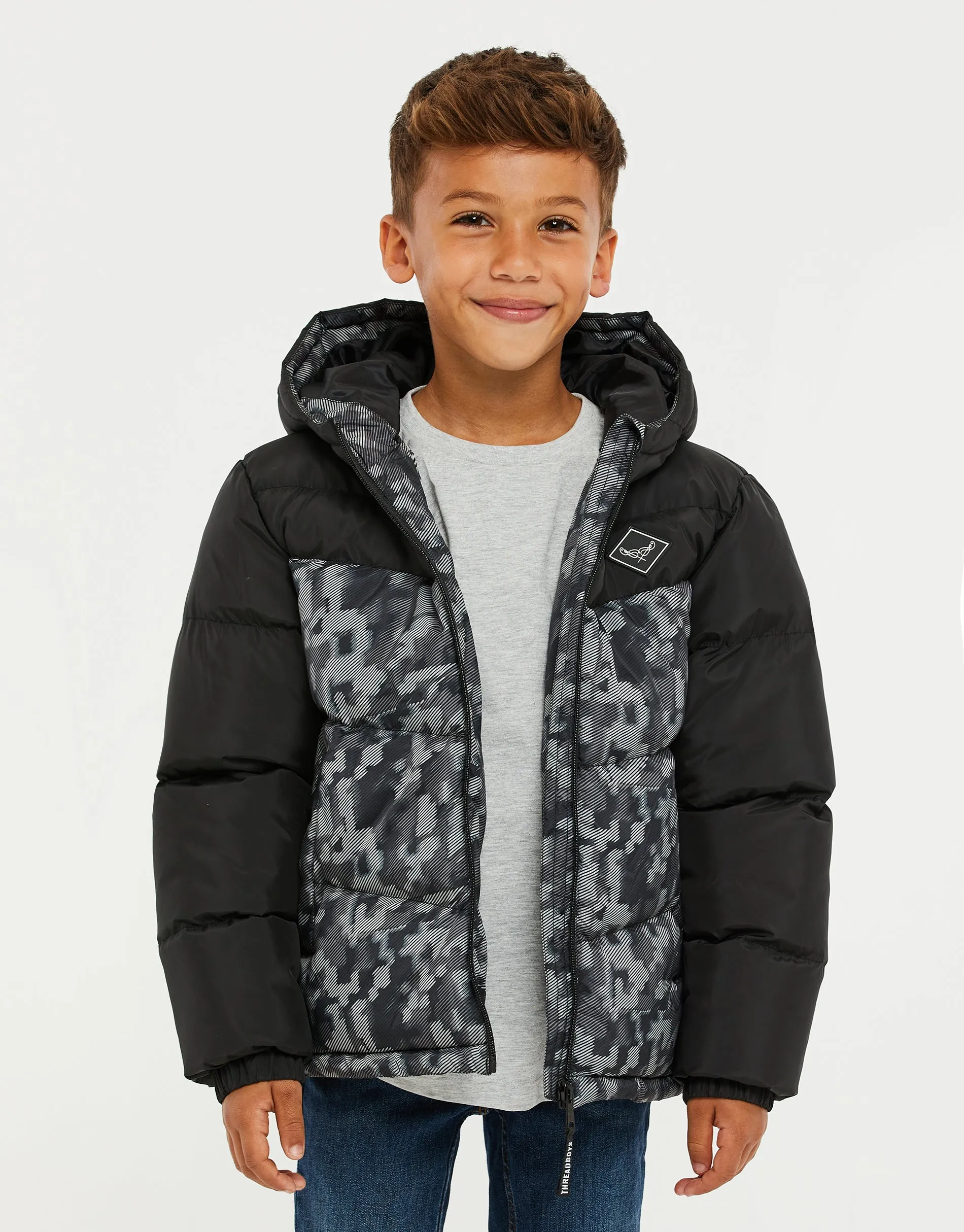 Boys' Black Camo Colourblock Puffer Jacket sold by Threadbare product image thumbnail 2