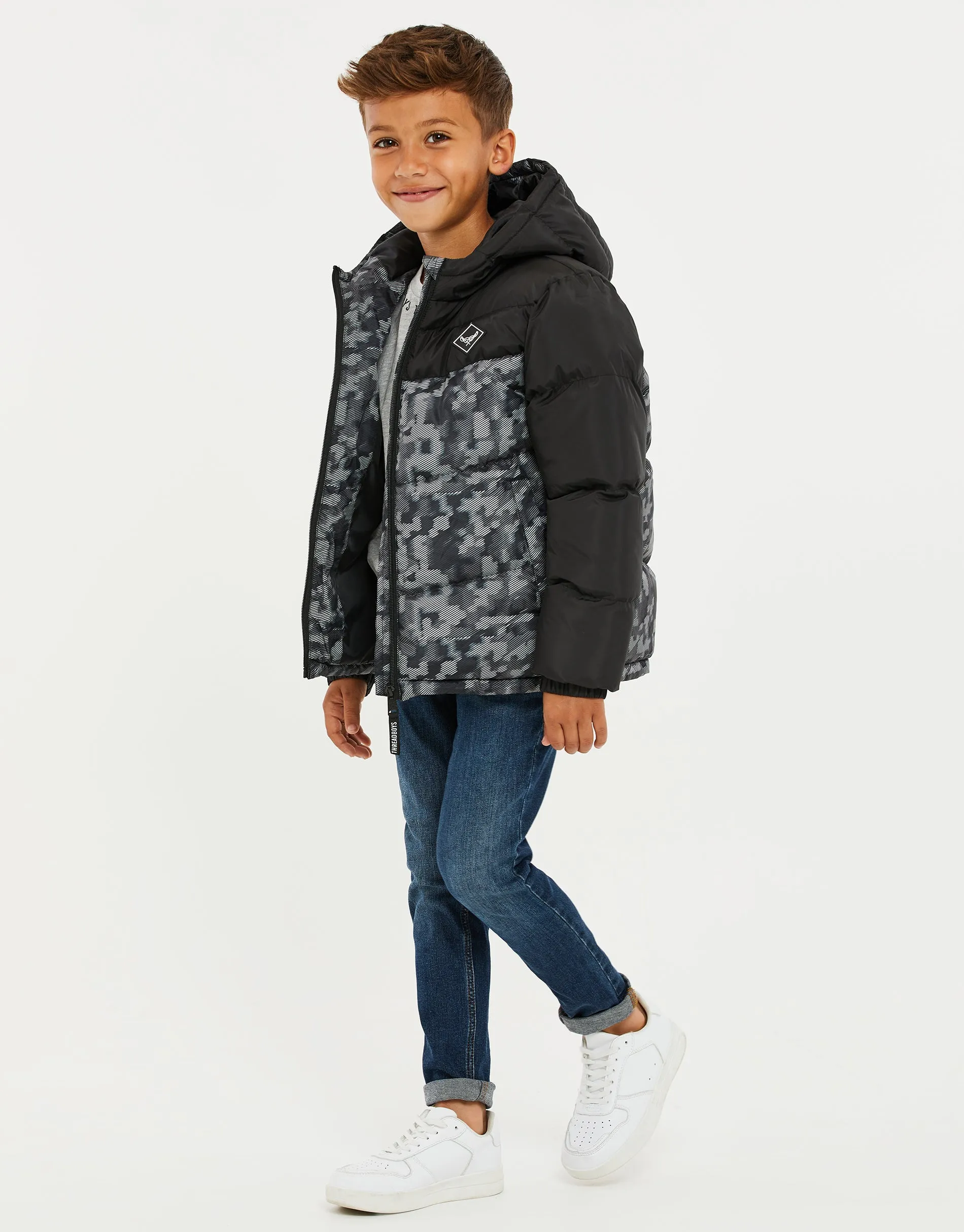 Boys' Black Camo Colourblock Puffer Jacket sold by Threadbare product image thumbnail 4