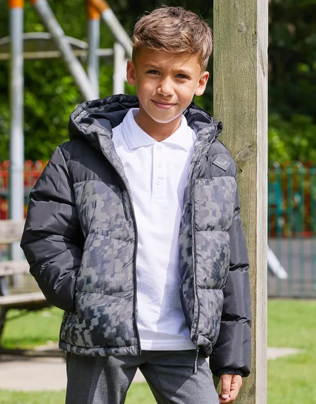 Boys' Black Camo Colourblock Puffer Jacket sold by Threadbare