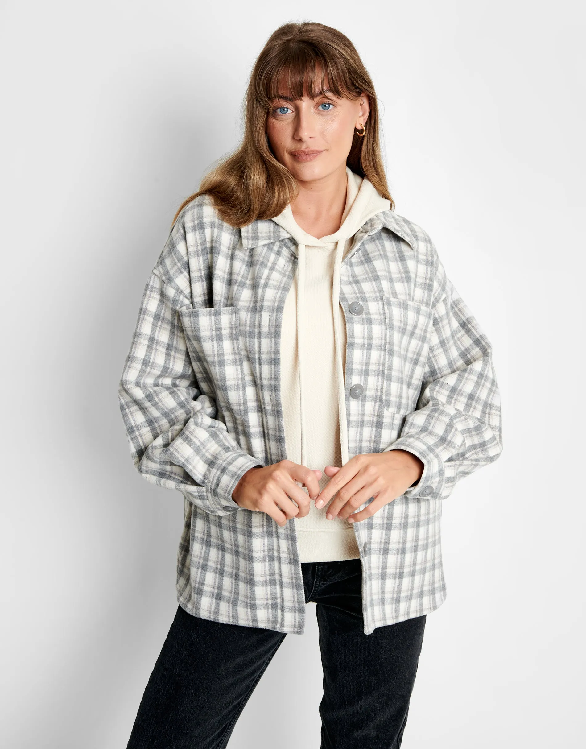 Women's Grey Check Oversized Shacket sold by Threadbare