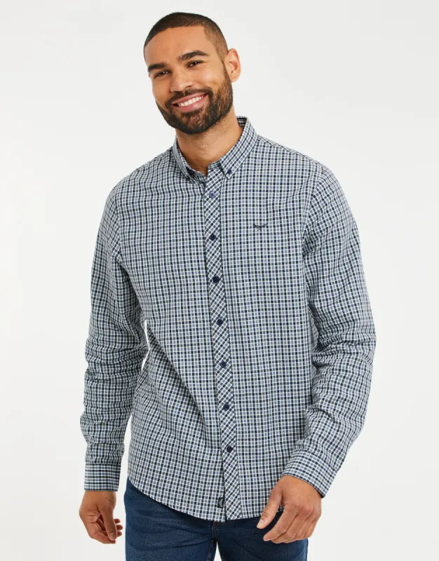 Men's Blue Fine Check Long Sleeve Shirt sold by Threadbare