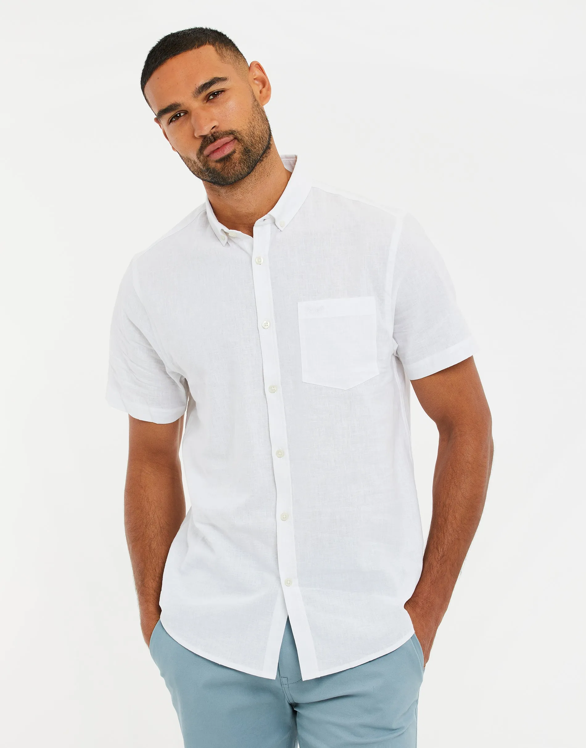 White Short Sleeve Linen Blend Shirt sold by Threadbare