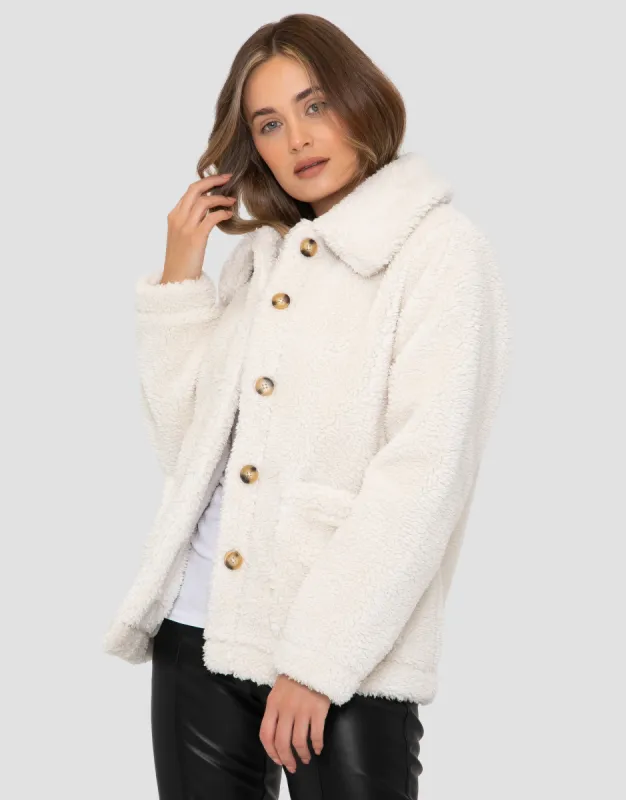 Women's Cream Faux Borg Shacket made by Threadbare