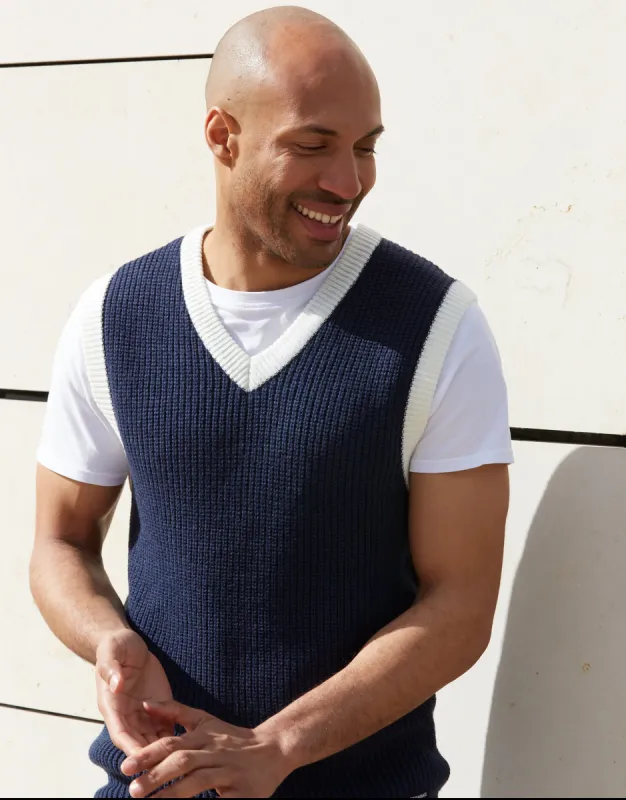 Men's Navy Ribbed V-Neck Knitted Vest sold by Threadbare