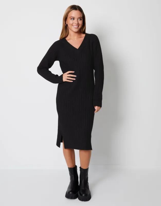 Women's Petite Black V Neck Knitted Midi Dress sold by Threadbare