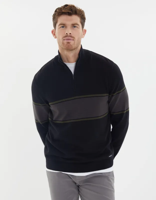 Men's Black Colourblock Stripe Quarter Zip Jumper sold by Threadbare