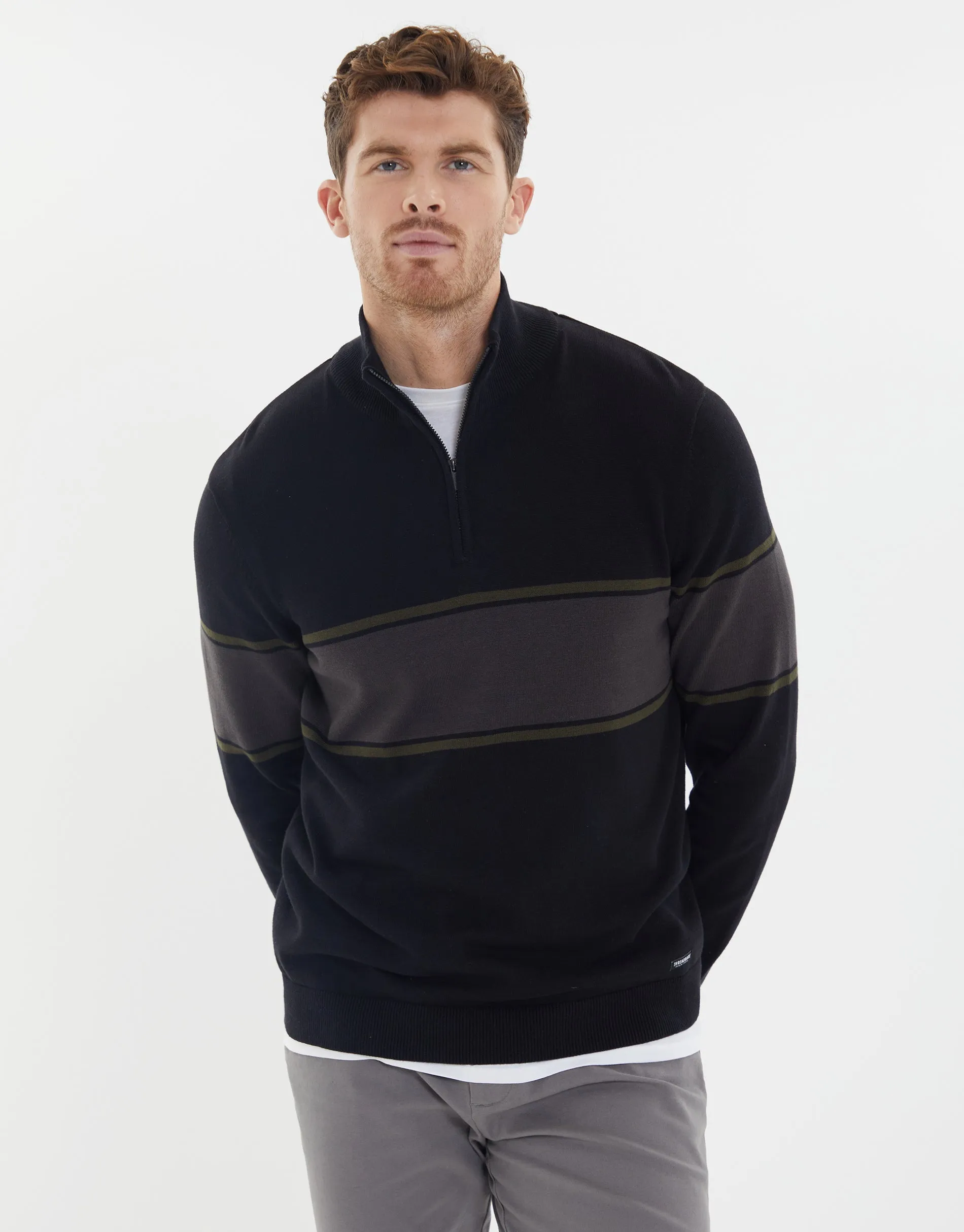 Men's Black Colourblock Stripe Quarter Zip Jumper sold by Threadbare