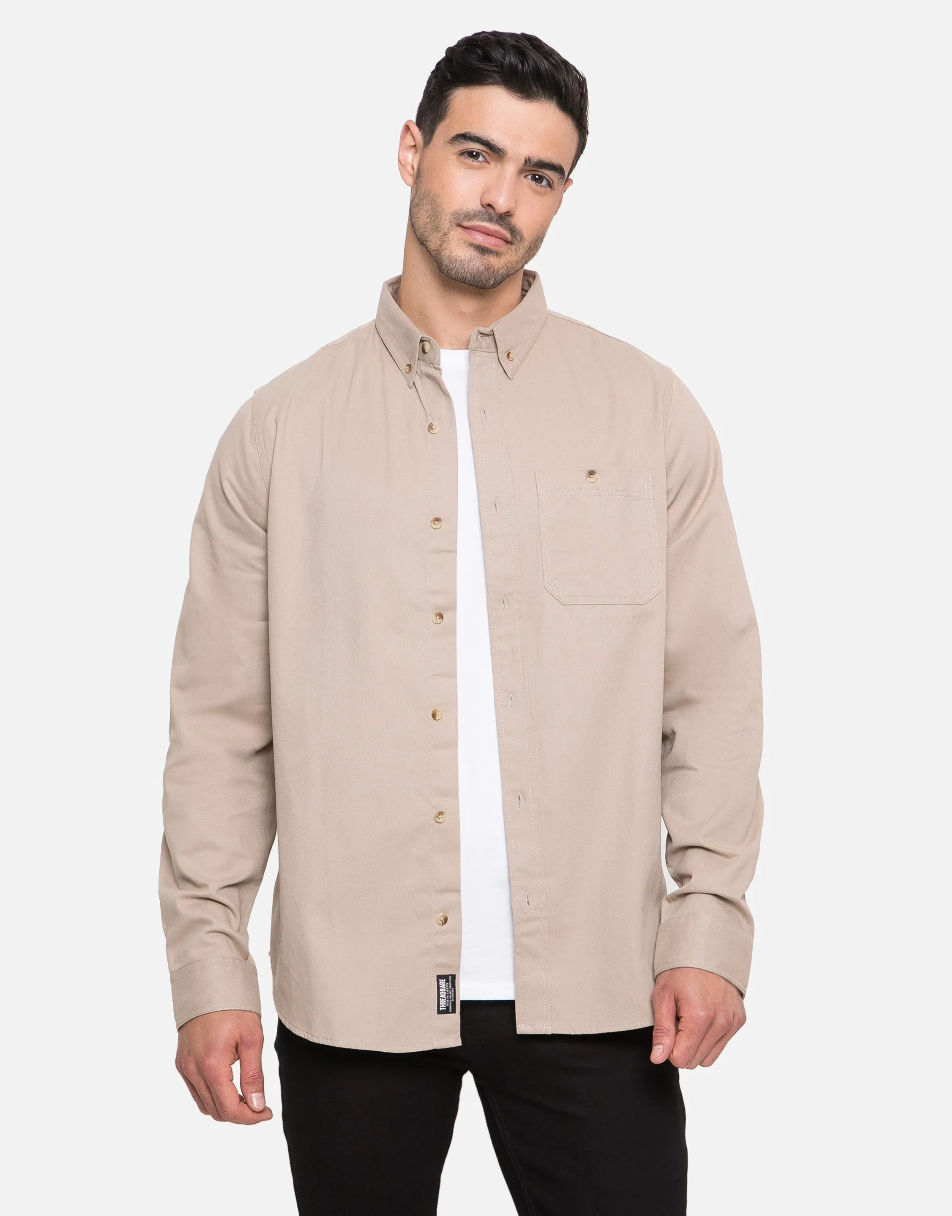 Men's Stone Plain Long Sleeve Shirt sold by Threadbare