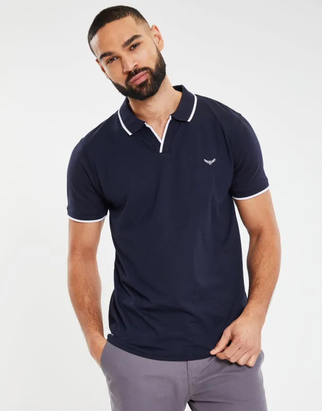 Men's Navy Open Neck Collar Polo Shirt sold by Threadbare