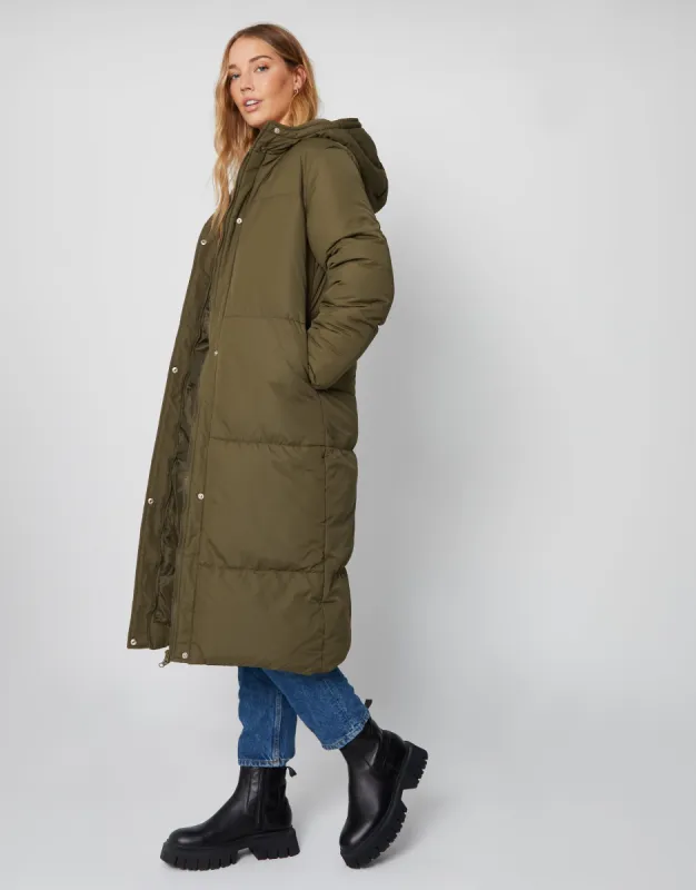 Women's Khaki Maxi Puffer Jacket sold by Threadbare