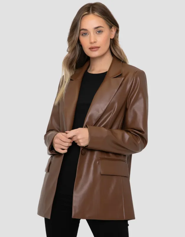 Women's Brown PU Leather Blazer sold by Threadbare