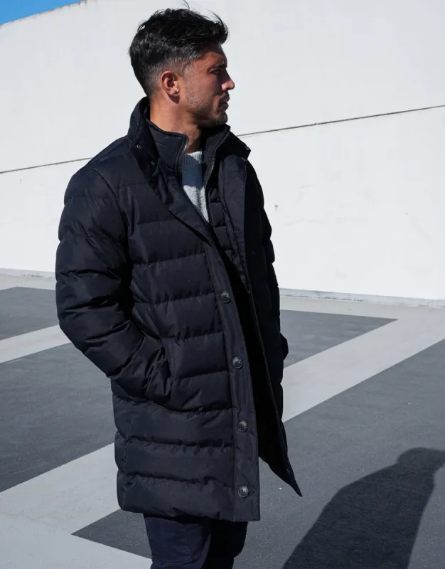 Threadbare Luxe Men's Navy Showerproof Double Layer Funnel Neck Puffer Jacket sold by Threadbare