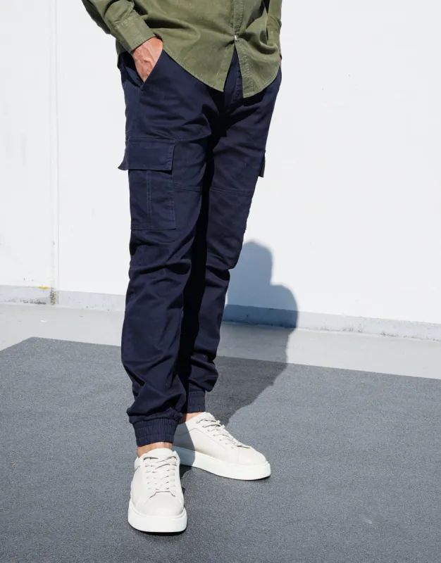 Men's Navy Slim Fit Cargo Trousers sold by Threadbare