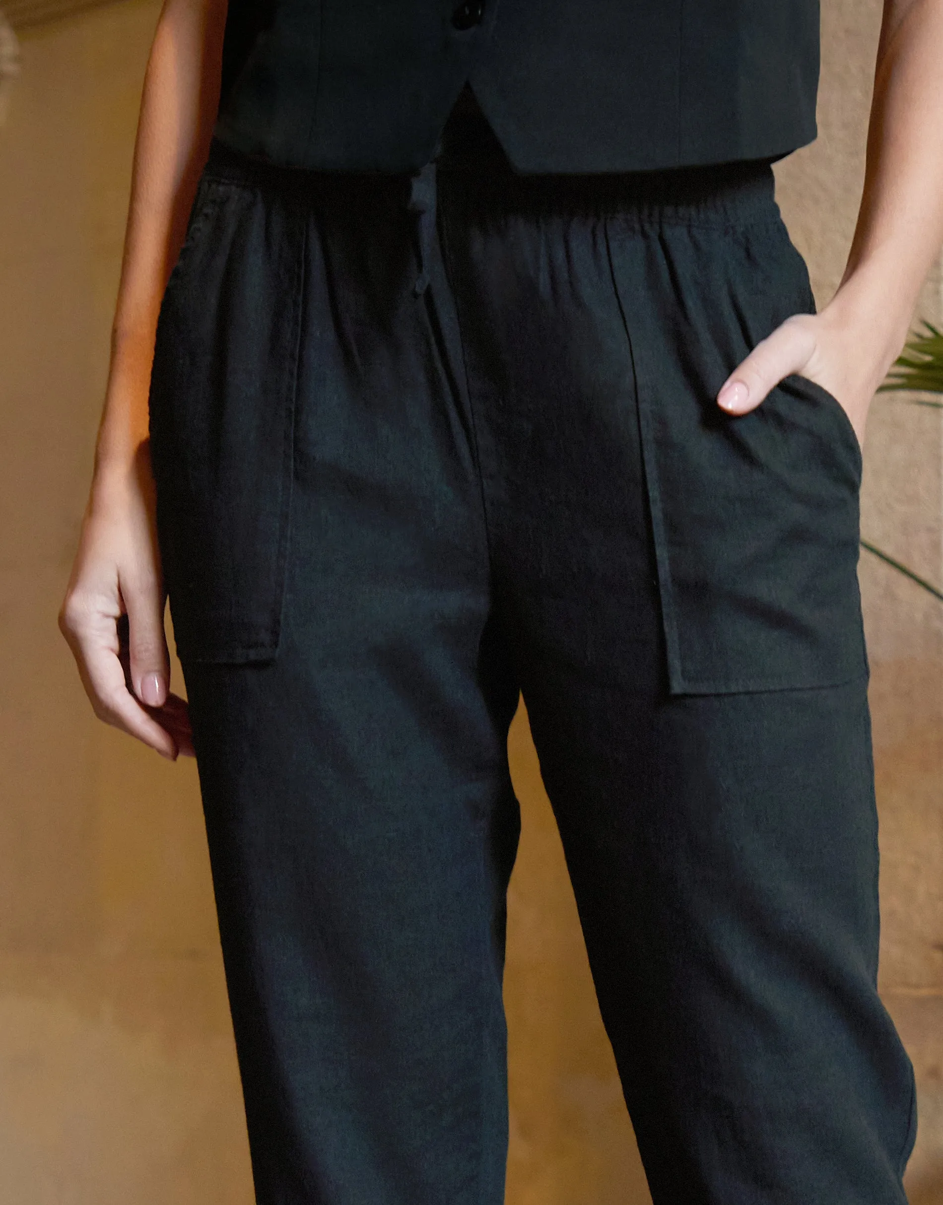 Women's Petite Black Linen Blend Drawstring Trousers sold by Threadbare product image thumbnail 4