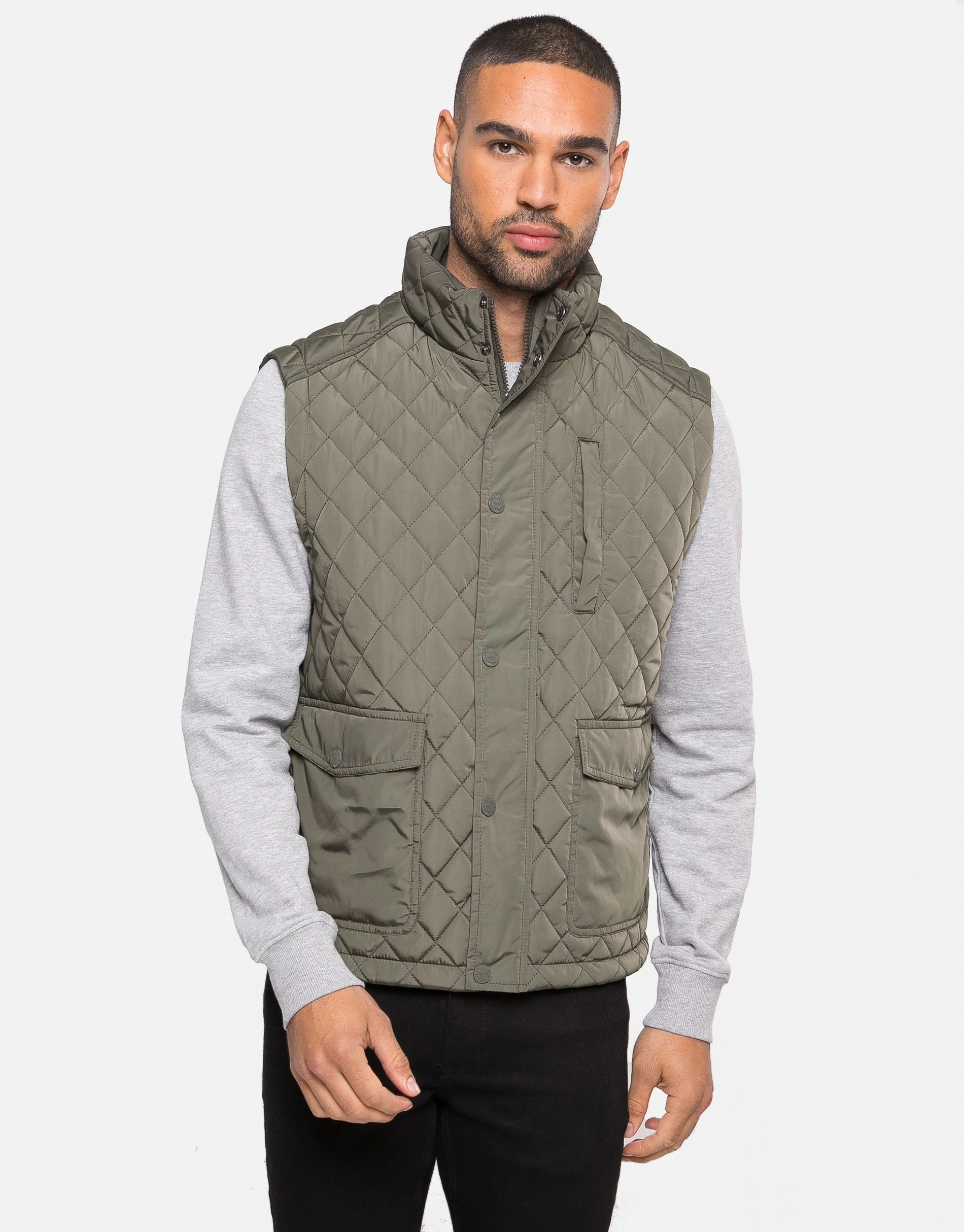 Men's Khaki Funnel Neck Quilted Gilet sold by Threadbare