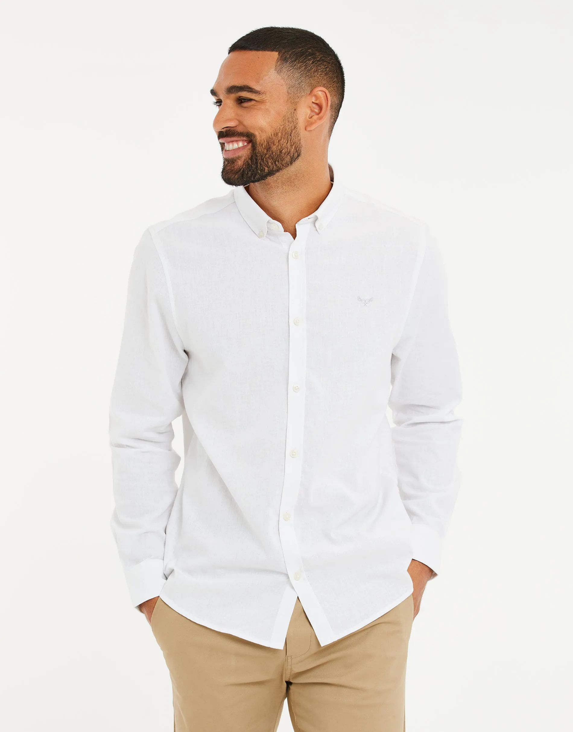 White Long Sleeve Linen Blend Shirt sold by Threadbare