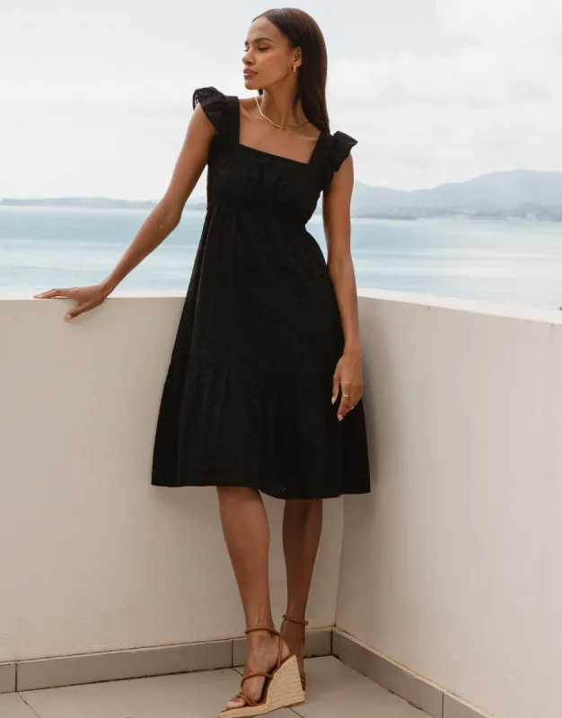 Women's Black Broderie Anglaise Frill Sleeve Tiered Midi Smock Dress sold by Threadbare