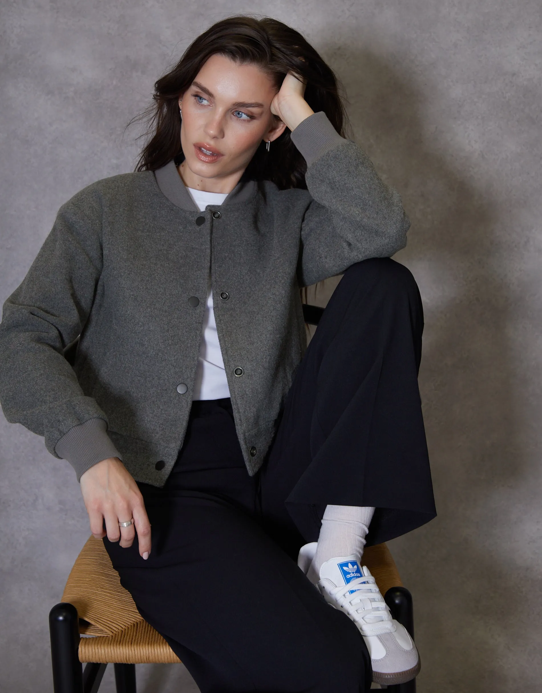 Women's Charcoal Brushed Cropped Bomber Jacket sold by Threadbare product image thumbnail 3