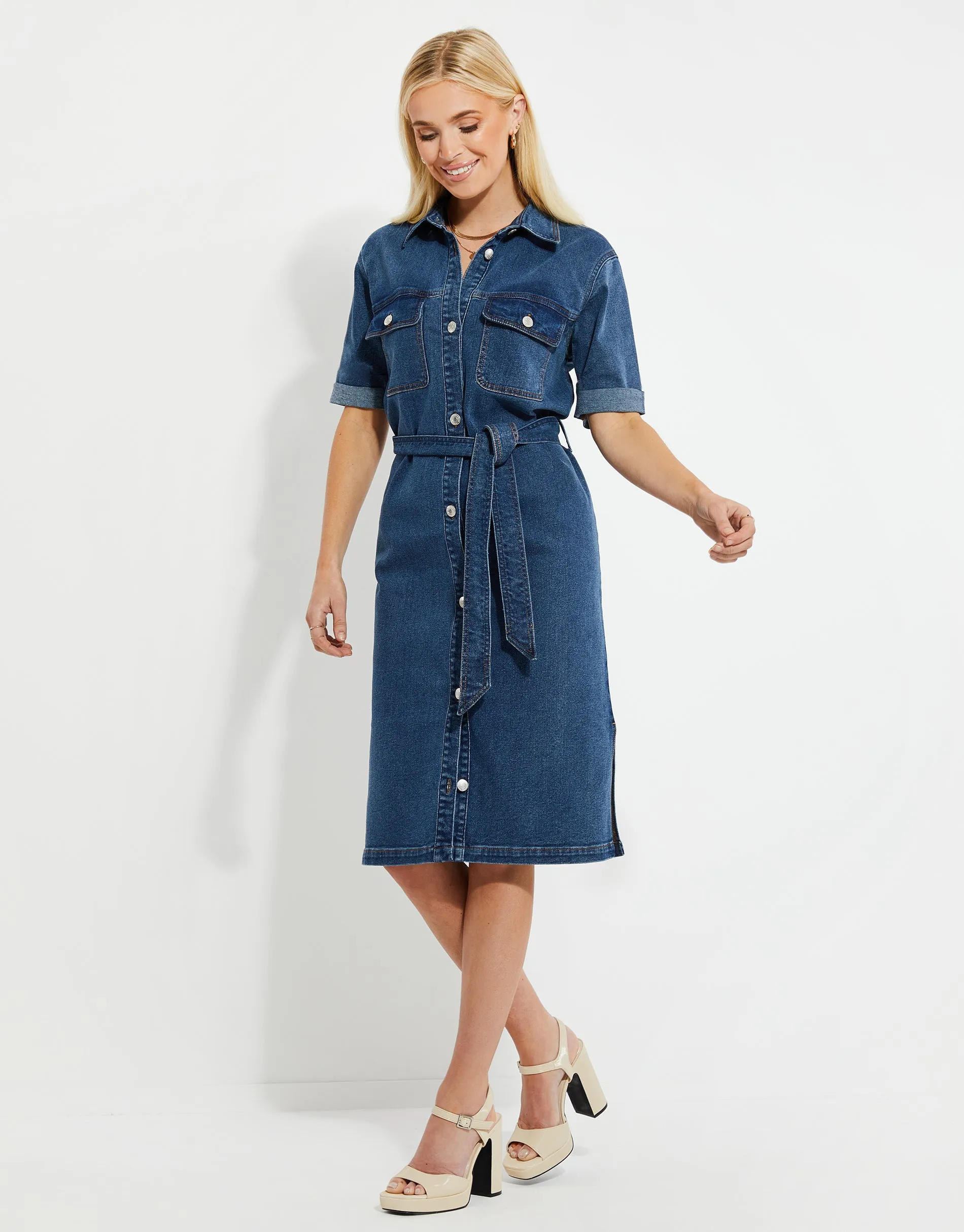 Women's Mid Blue Wash Midi Denim Shirt Dress sold by Threadbare