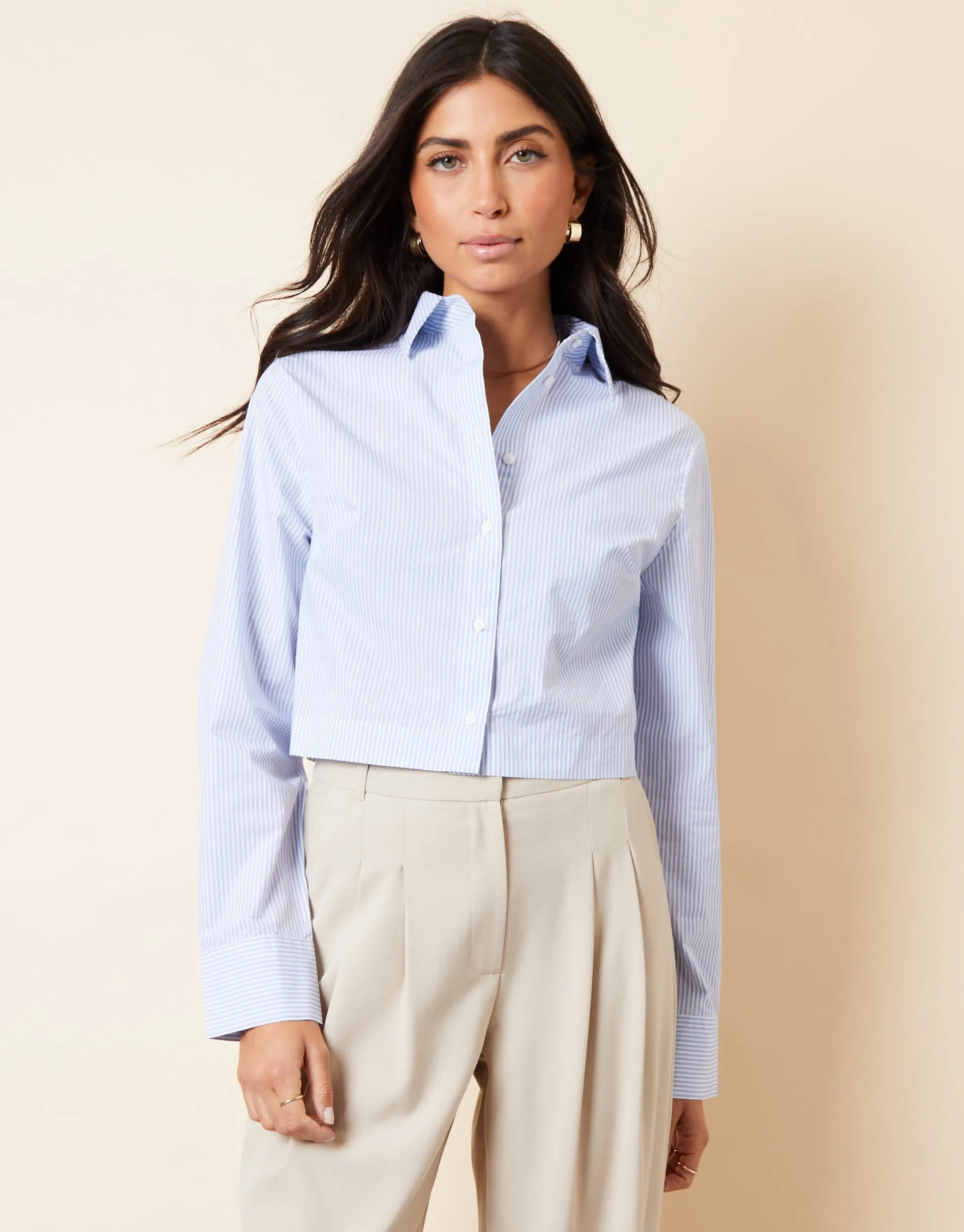 Women's Light Blue Striped Cropped Elasticated Hem Boxy Shirt sold by Threadbare product image thumbnail 5