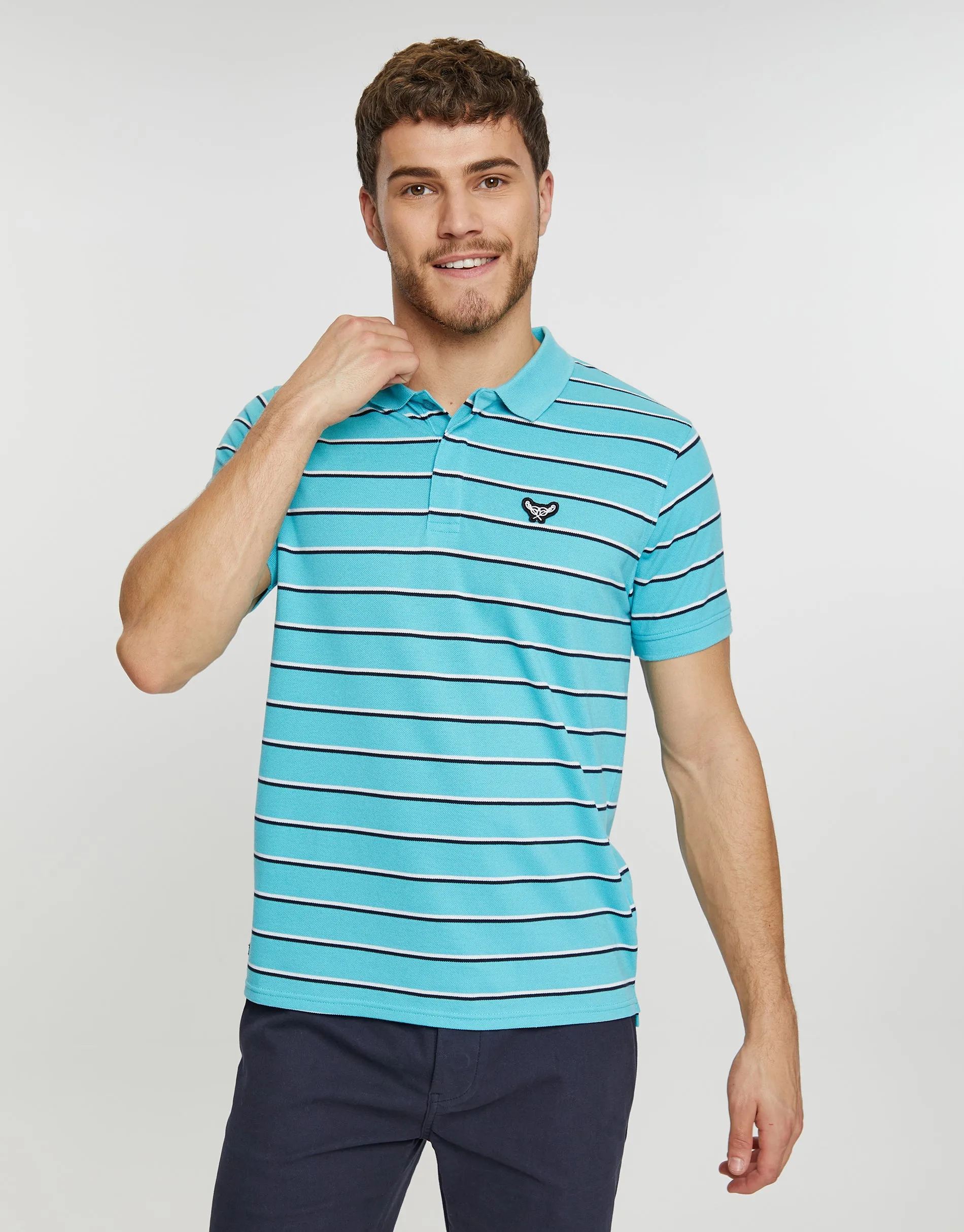Men's Turquoise Stripe Rib Collar Polo Shirt sold by Threadbare