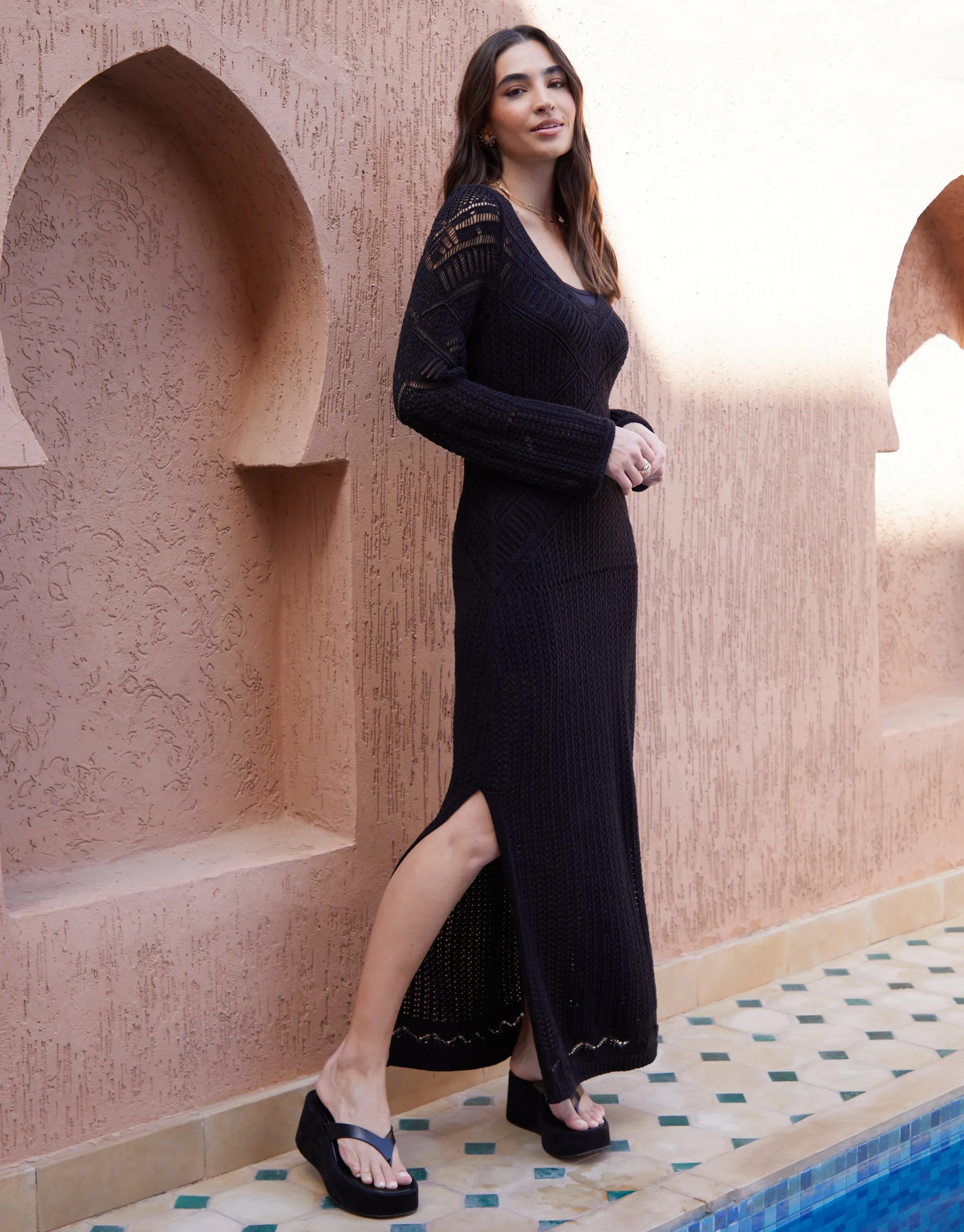 Women's Black Cami Lined Long Sleeve Crochet Maxi Dress sold by Threadbare