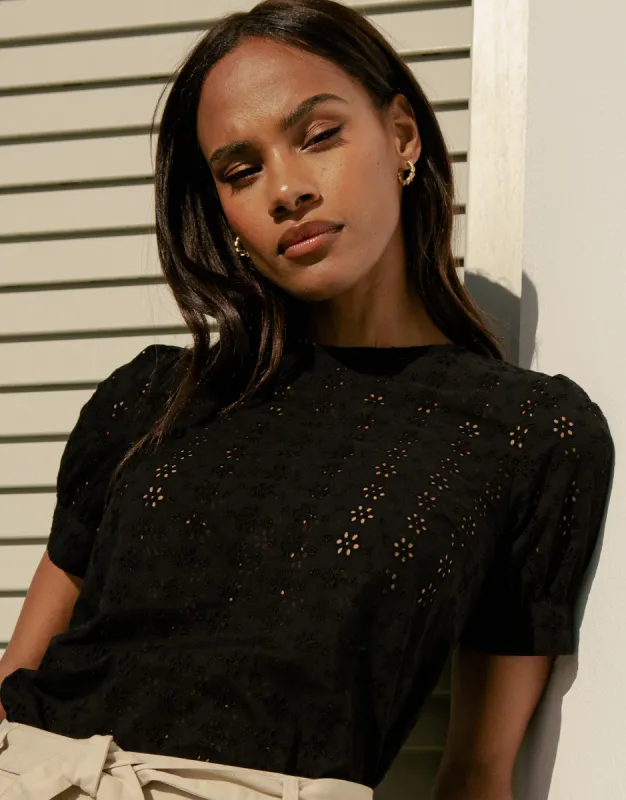 Women's Black Cotton Broderie Anglaise Puff Sleeve Blouse sold by Threadbare