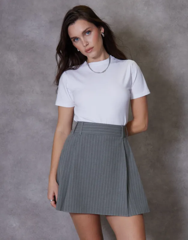 Women's Grey Pinstripe Pleated Mini Skirt sold by Threadbare