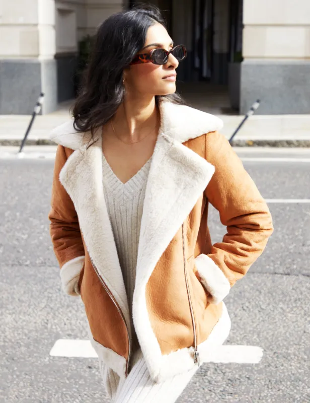 Women's Tan Faux Fur Trim Faux Suede Aviator Jacket sold by Threadbare