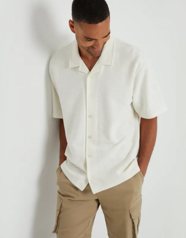 Men's Ecru Textured Revere Collar Short Sleeve Shirt sold by Threadbare