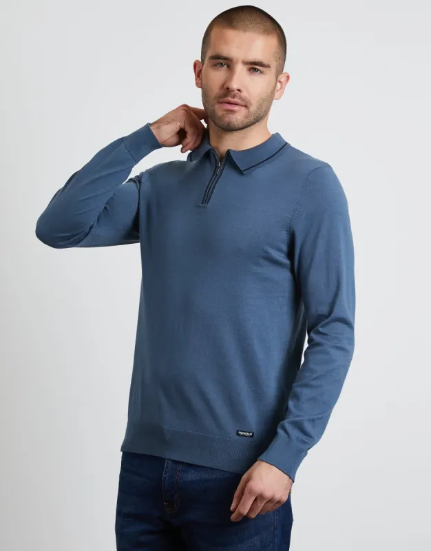 Men's Denim Blue Quarter Zip Polo Jumper sold by Threadbare