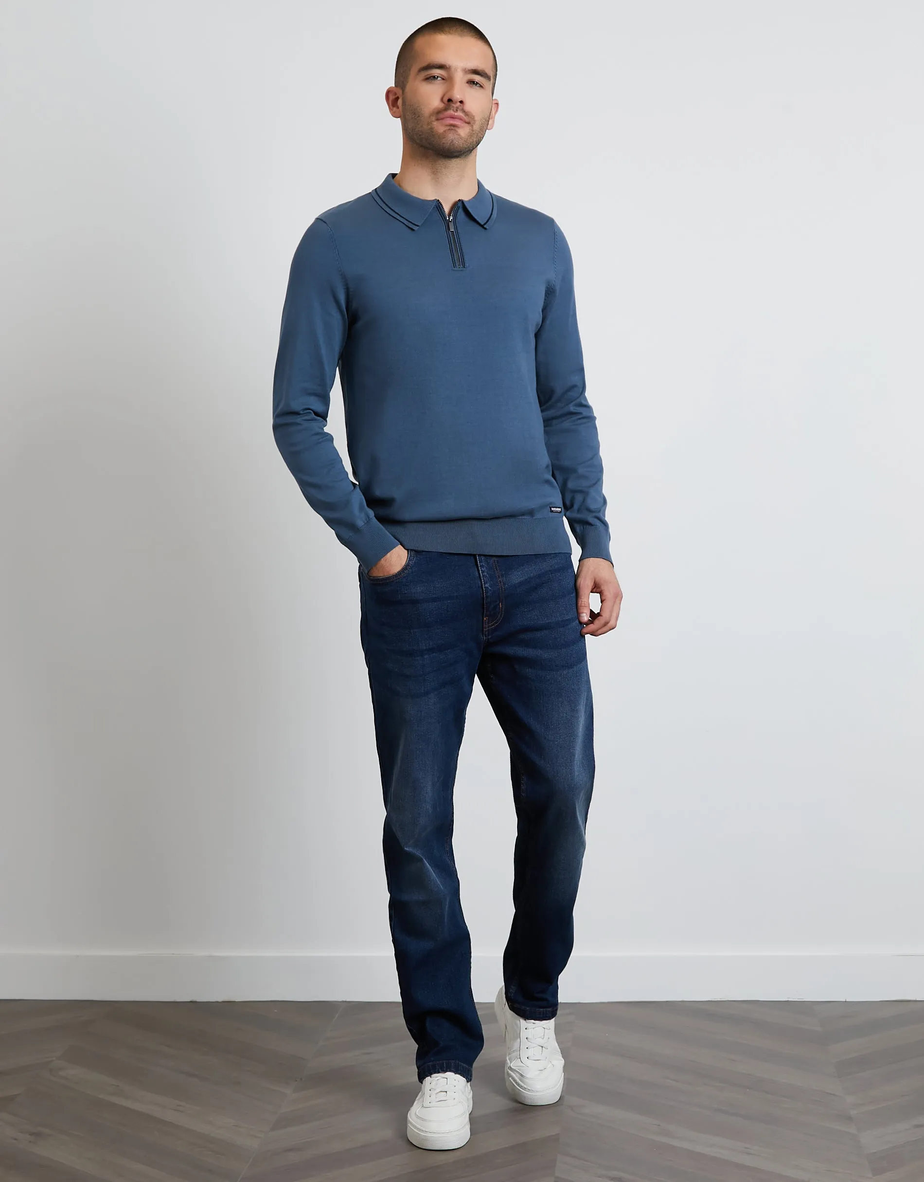 Men's Denim Blue Quarter Zip Polo Jumper sold by Threadbare product image thumbnail 3