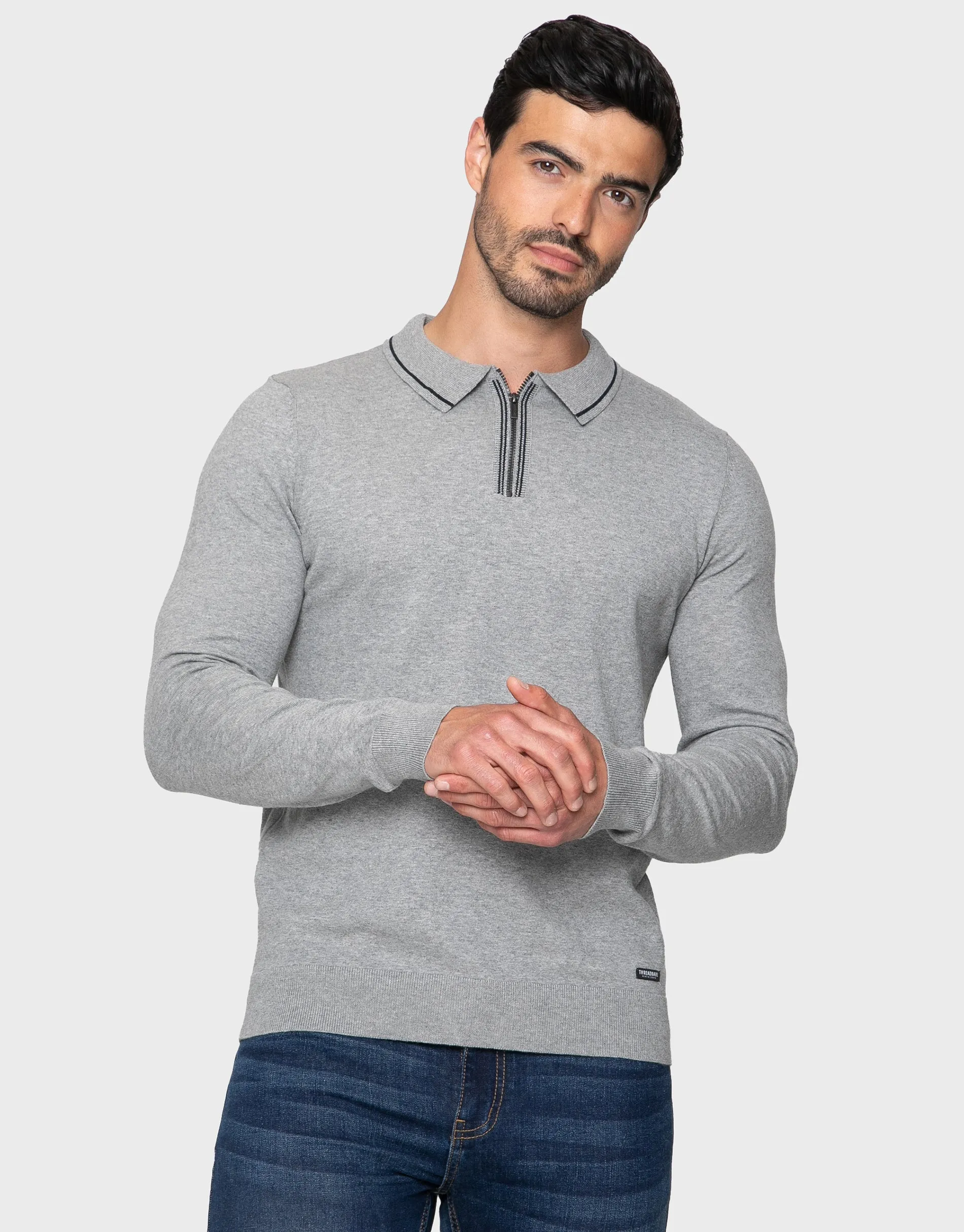 Men's Grey Marl Quarter Zip Polo Jumper sold by Threadbare product image thumbnail 2