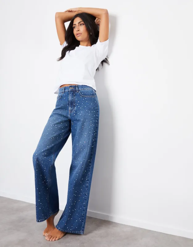 Women's Mid Wash Rhinestone Embellished Wide Leg Jeans sold by Threadbare