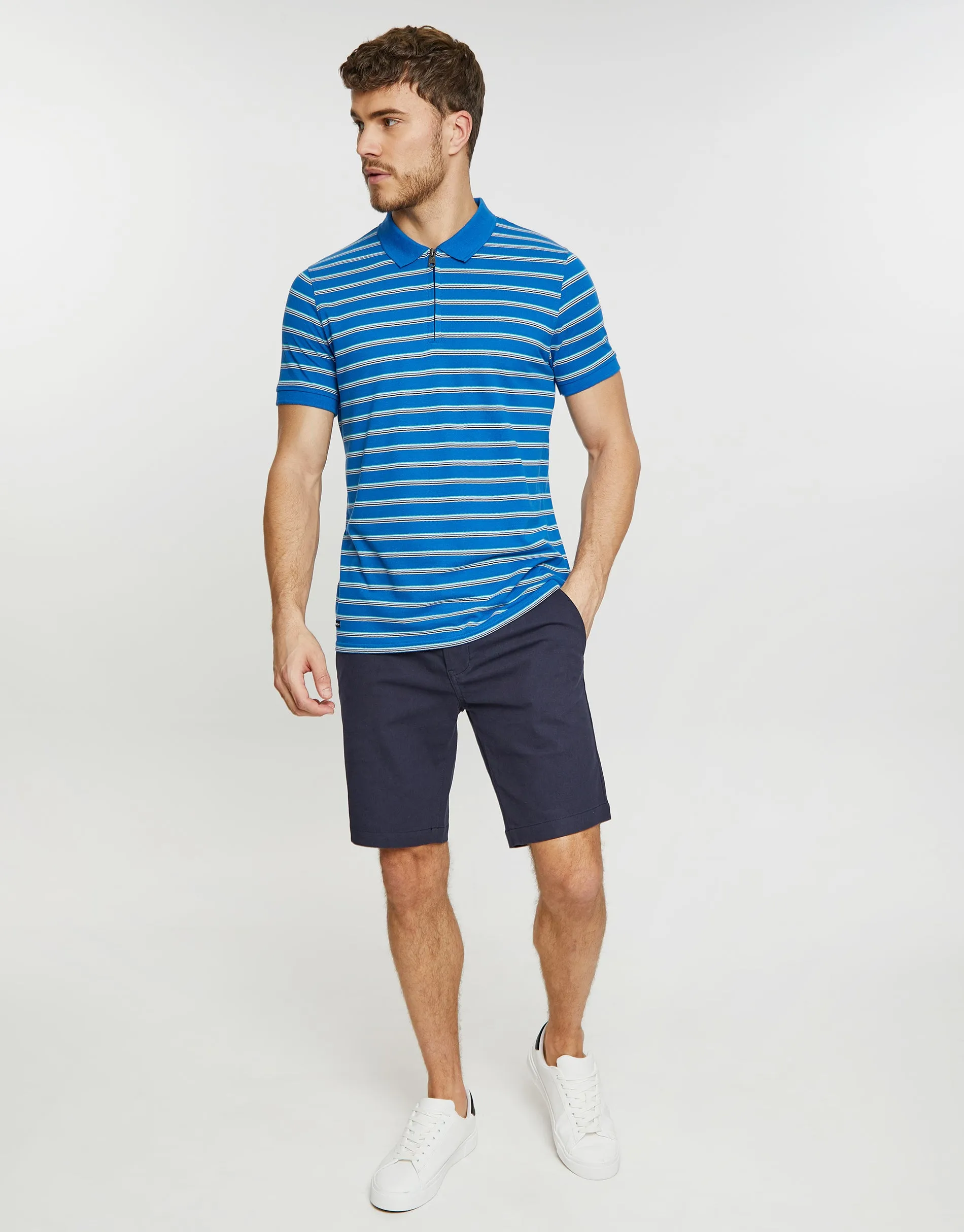 Men's Blue Stripe Zip Collar Polo Shirt sold by Threadbare product image thumbnail 3
