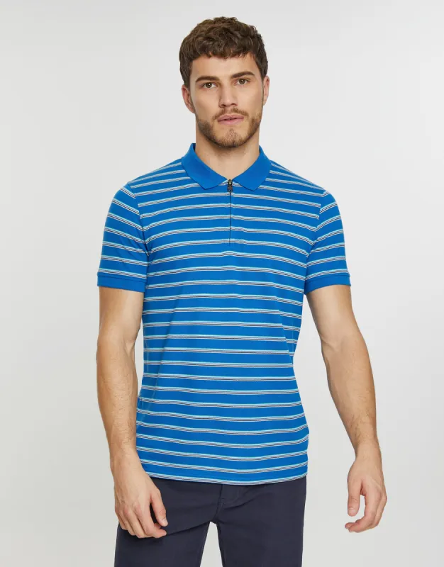 Men's Blue Stripe Zip Collar Polo Shirt sold by Threadbare
