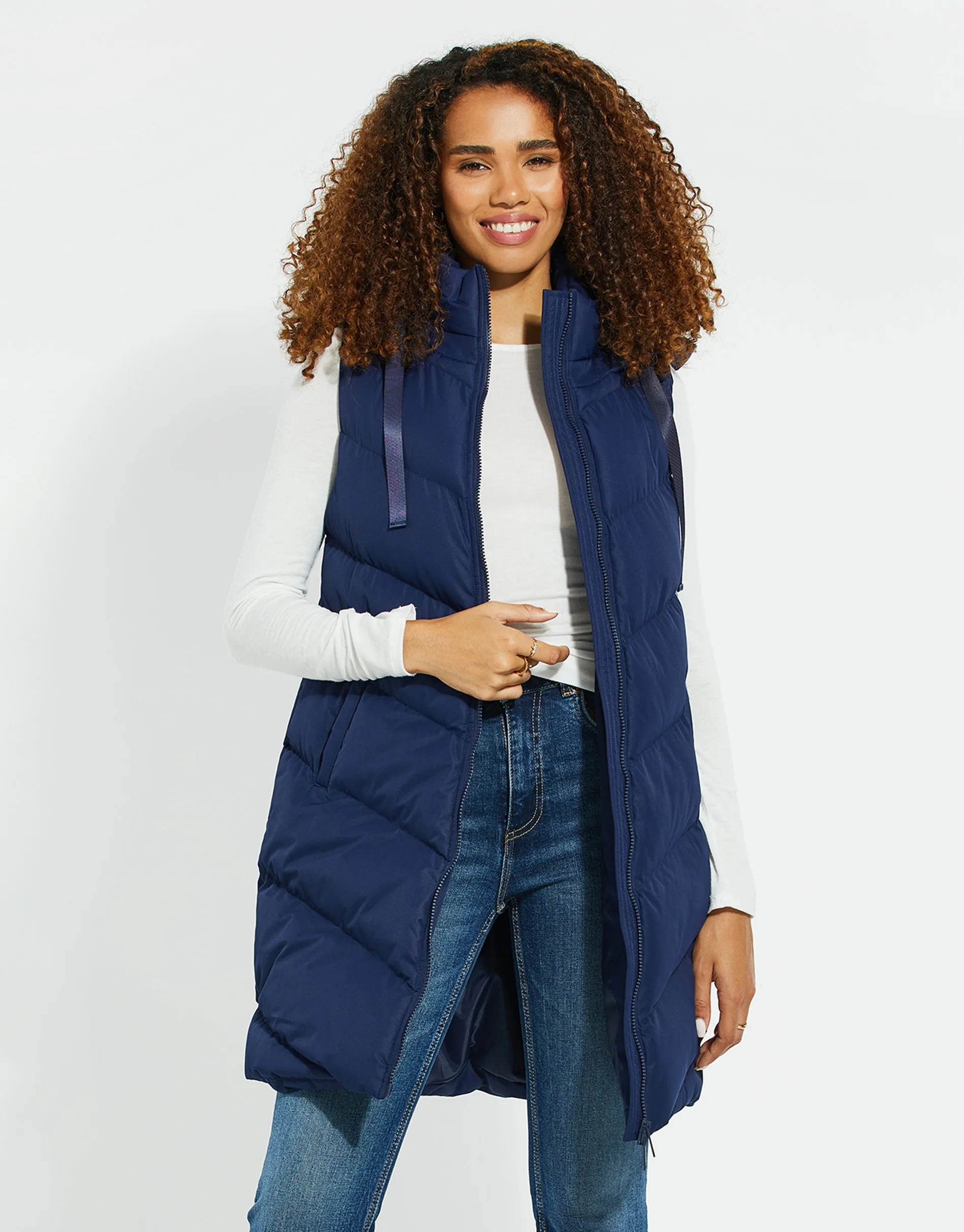 Women's Navy Longline Padded Gilet sold by Threadbare