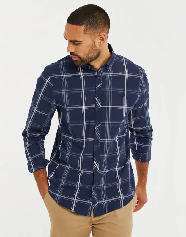 Men's Dark Blue Check Long Sleeve Shirt sold by Threadbare
