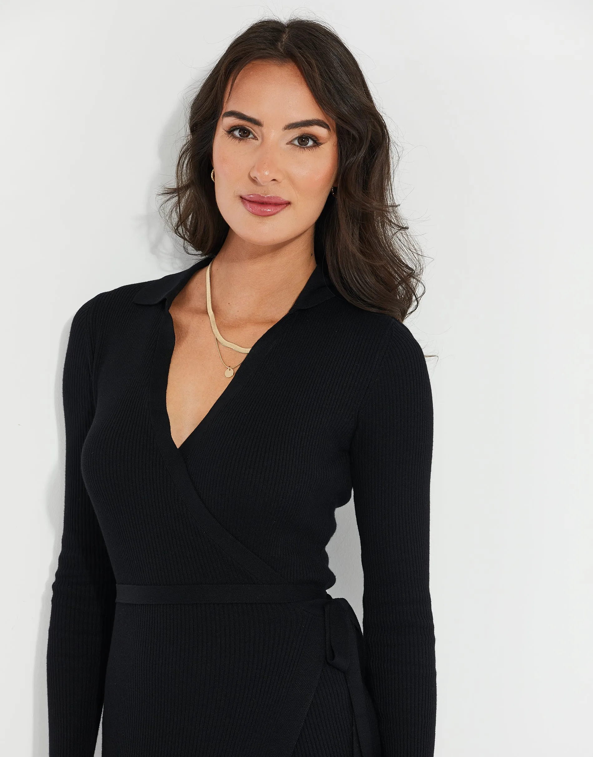 Women's Black Ribbed Wrap Tie Dress sold by Threadbare product image thumbnail 4