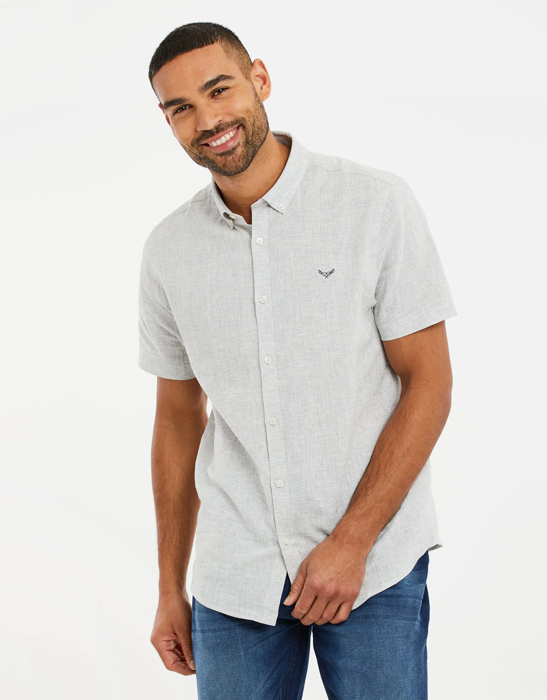 Men's Light Grey Linen Short Sleeve Shirt sold by Threadbare