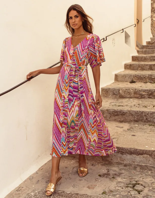 Women's Pink Zig Zag Print Flutter Sleeve Midi Dress sold by Threadbare