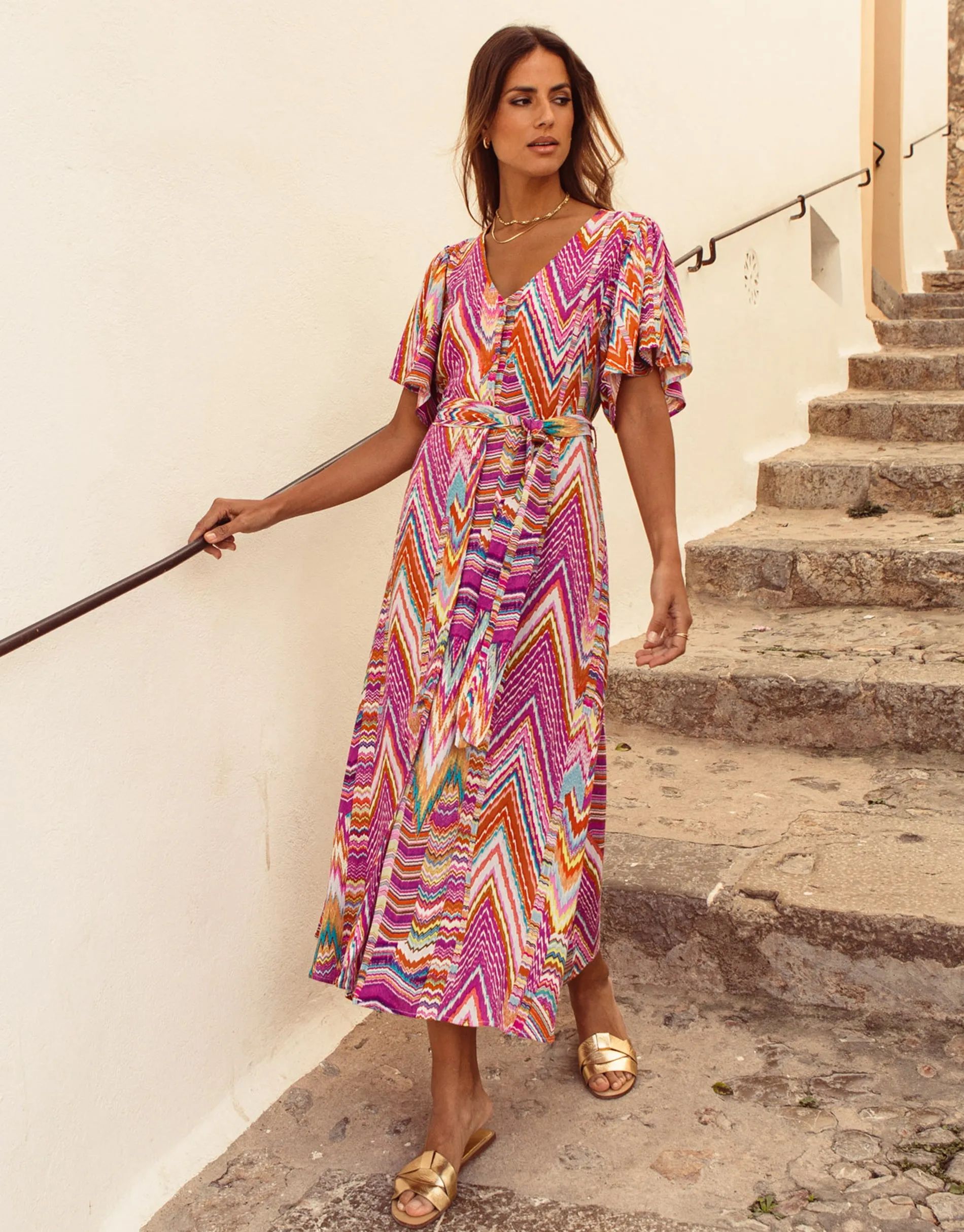 Women's Pink Zig Zag Print Flutter Sleeve Midi Dress sold by Threadbare product image thumbnail 3