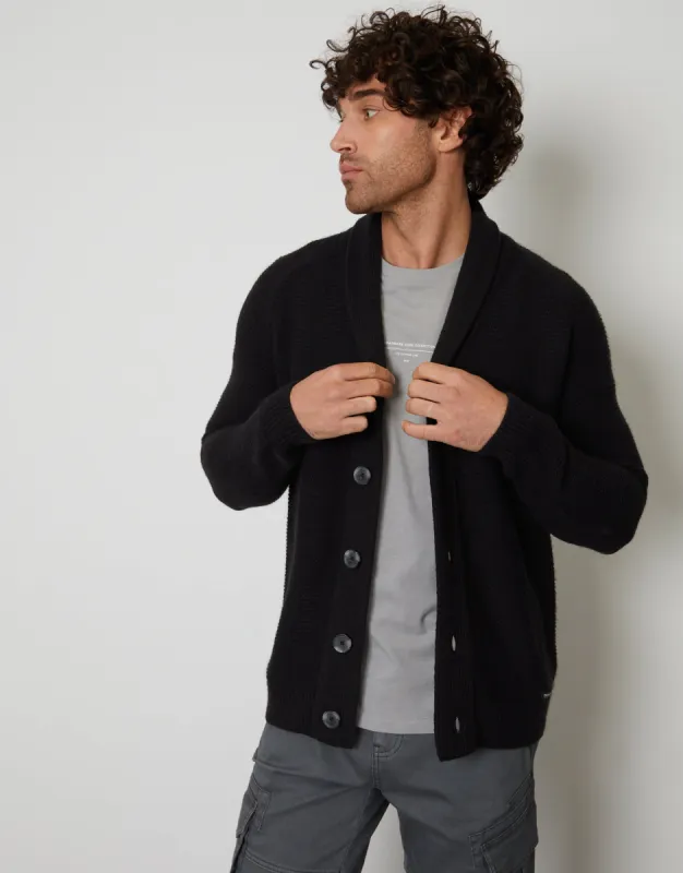 Men's Jet Black Button Down Cardigan sold by Threadbare