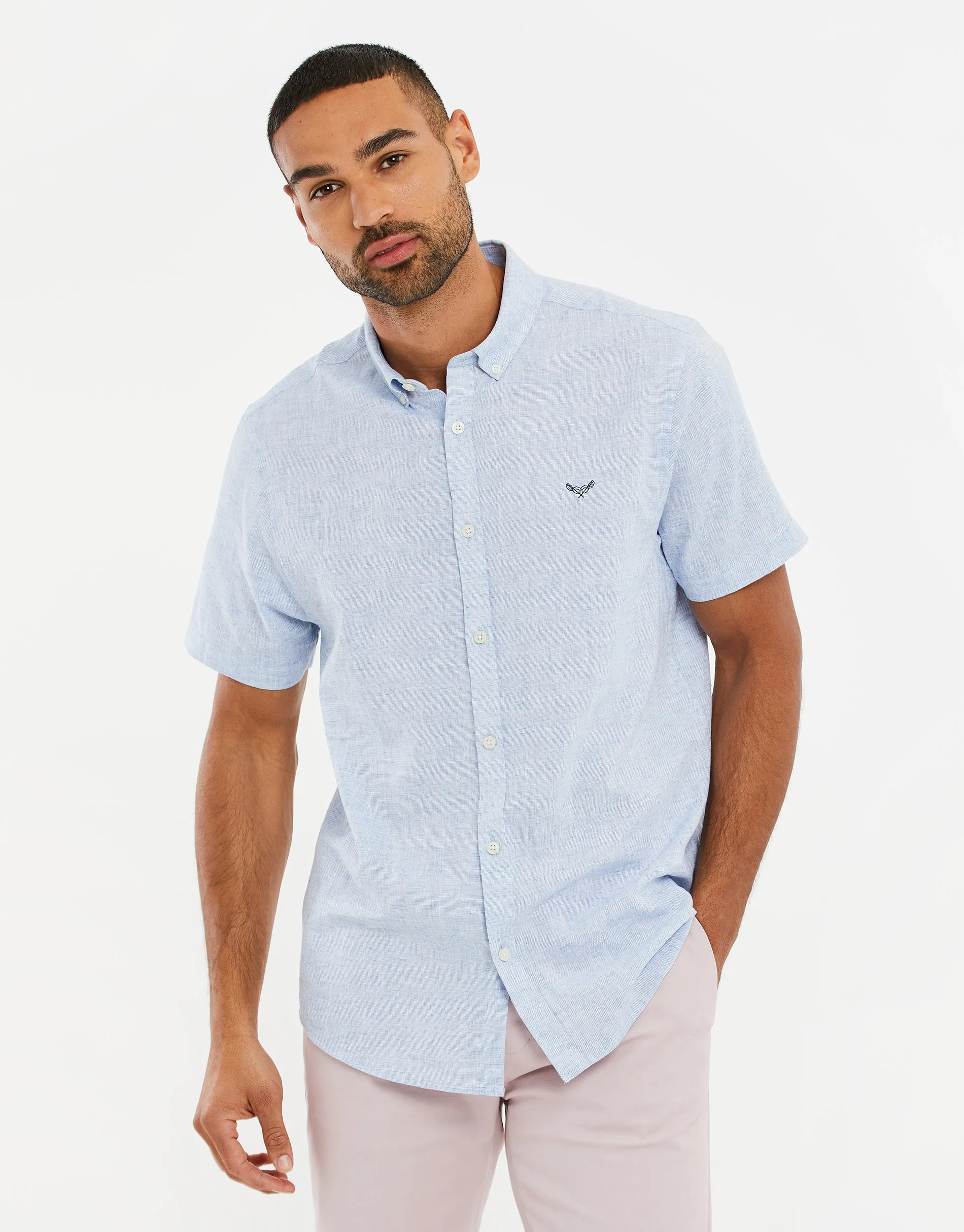Men's Light Blue Linen Short Sleeve Shirt sold by Threadbare