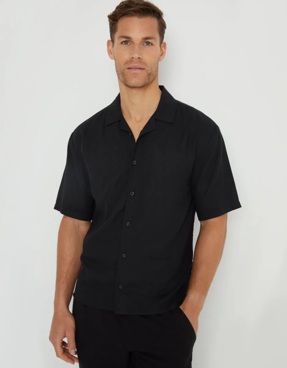 Men's Black Linen Blend Revere Collar Short Sleeve Shirt sold by Threadbare